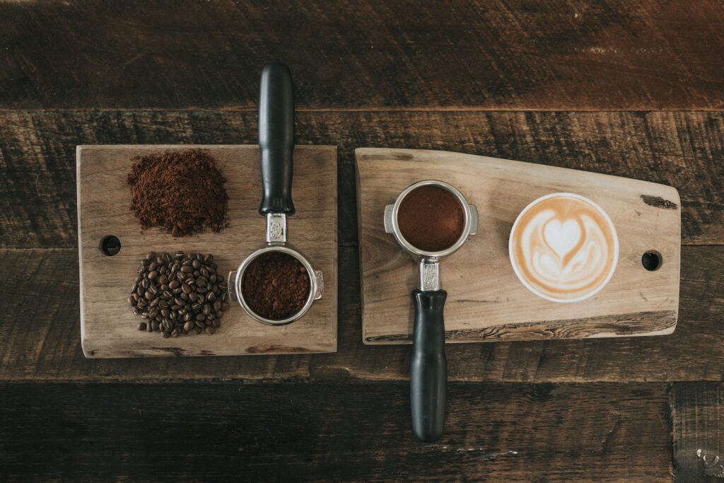 A display of whole and ground coffee.