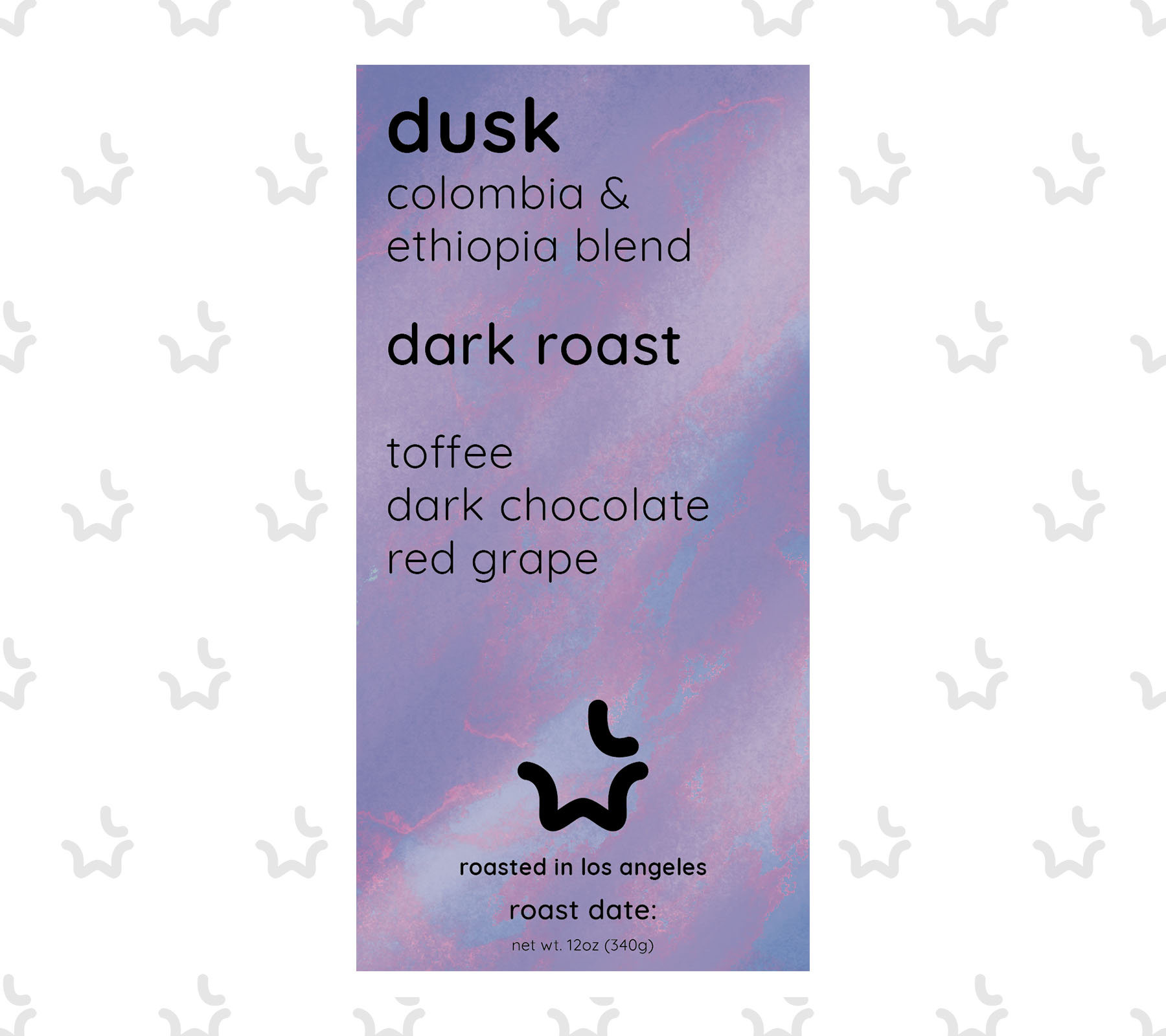 Lightwave Coffee Dusk Dark Roast Blend label: toffee, dark chocolate, and red grape tasting notes. Roasted in Los Angeles.