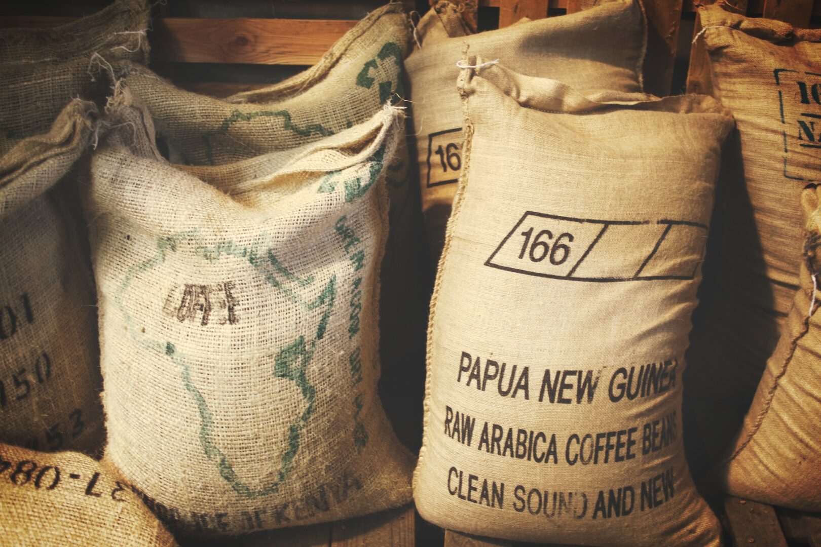 Burlap bags used to transport green coffee