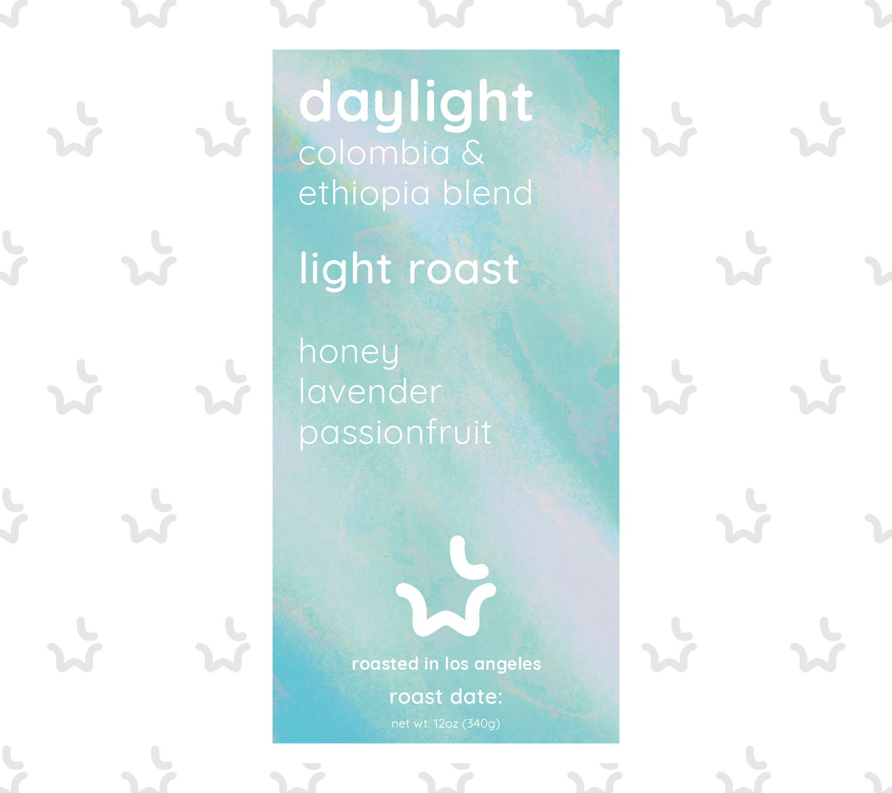 Lightwave Coffee Daylight Light Roast Blend label: honey, lavender, and passion fruit tasting notes. Roasted in Los Angeles.